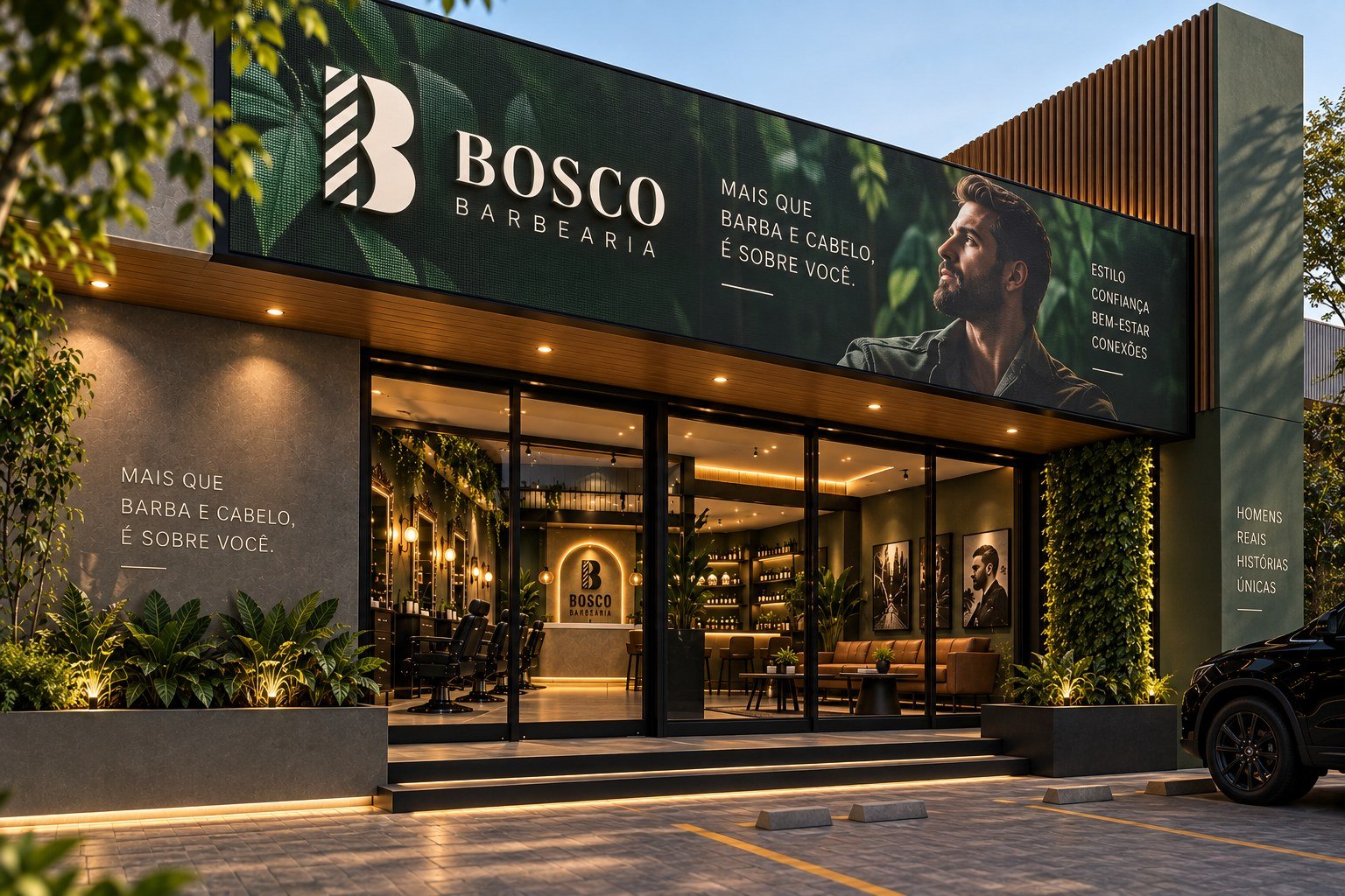 Representação do projeto da fachada da Bosco Barbearia